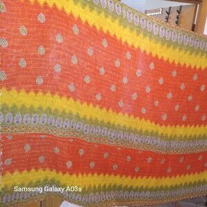 Kantha Quilt 2 Layer Thin  Vibrant Orange Green Yellow 54" x 88" Cotton  K133.